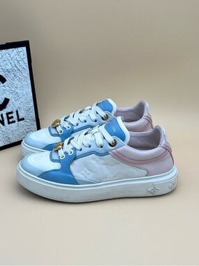 Louis Vuitton White Leather Sneakers with Blue & Pink Accents